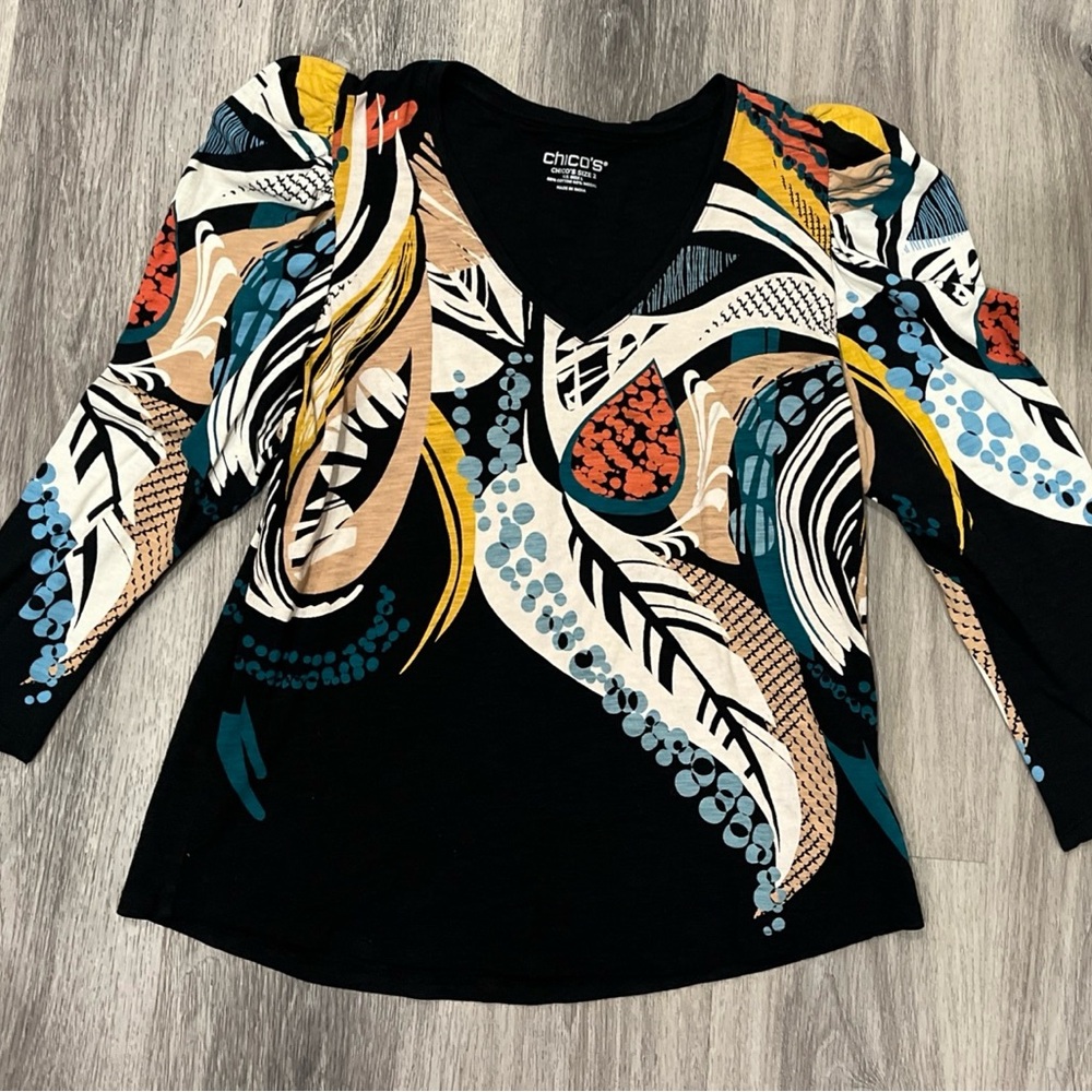 Chico's Black and Multicolor Abstract Long Sleeve Top